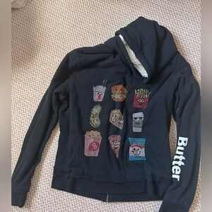 BUTTER SUPER SOFT Sweatshirt zip up bedazzled food design, size XL, amazing worn